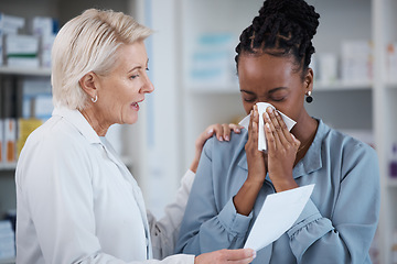 Image showing Pharmacy, advice and prescription with black woman and blowing nose for medicine, sick and disease. Medical, healthcare and shopping with pharmacist and customer in store for drugs, wellness or order