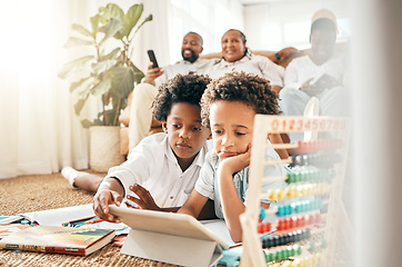 Image showing Movie, streaming and children with a tablet for education, internet and games. Learning, browsing and boy kids reading, watching and playing on technology with family in the living room at home