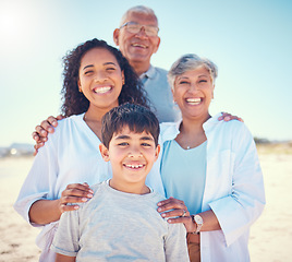 Image showing Beach, family and portrait of grandparents with kids, smile and happy bonding together on ocean vacation. Sun, fun and happiness for senior man and hispanic woman with children on holiday in Mexico.