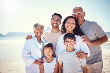 Image showing Portrait, love and family on beach, summer vacation and happiness on break, relax and quality time. Face, grandparents and mother with father, children and seaside holiday for adventure and journey
