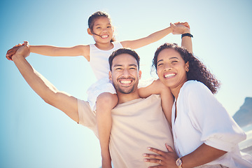 Image showing Portrait, beach and happy family smile, piggyback and bond outdoor against blue sky background. Travel, face and girl with parents on an ocean vacation, holiday or trip in Miami, excited and cheerful