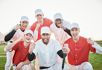 Image showing Baseball players, portrait or winner success on field, game or match fist in diversity fitness, exercise or workout achievement. Smile, happy or cheering softball men in energy sports or wow teamwork