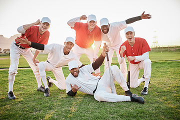 Image showing Men, portrait or success on baseball field, games or sunset match victory in diversity fitness, exercise or workout achievement. Smile, happy or cheering softball players in winner sports or teamwork