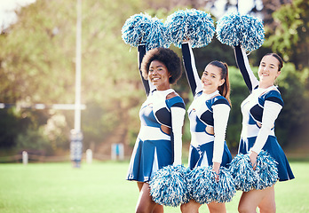 Image showing Portrait, cheerleading and mockup with sports women on a field for motivation during a competitive game. Teamwork, support and diversity with a woman cheerleader group on a pitch for a sport event