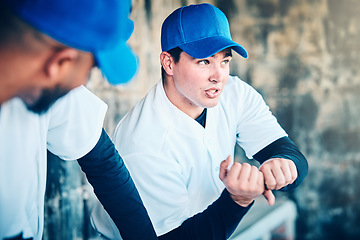 Image showing Game plan, baseball player and man explaining pitch and softball hit in a sports dugout. Conversation, team communication and young person having a sport discussion for teamwork collaboration