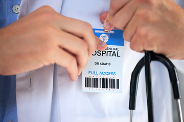 Image showing Hospital ID, doctor hands and clinic access pass of general health practitioner with stethoscope. Icu card, nurse and medical worker ready for working and healthcare help with a wellness card