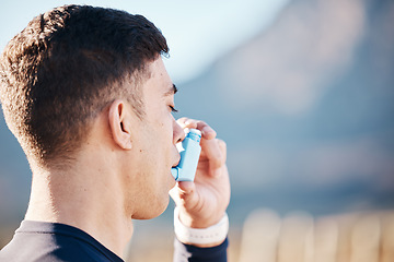 Image showing Asthma, inhaler and fitness with a runner man outdoor on mockup for cardio or endurance training. Breathing, tired and lungs with an exhausted athlete struggling to breath while running for exercise
