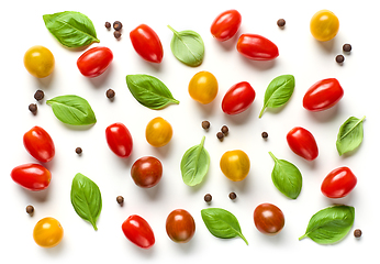 Image showing flat lay composition of various colorful tomatoes 