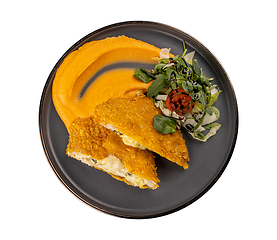 Image showing Veal schnitzel stuffed with pickles and cheese