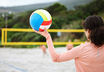 Image showing Volleyball, beach body or hand of girl playing a game in training or team workout in summer together. Sports fitness, zoom or healthy woman on sand ready to start a fun competitive match in Brazil