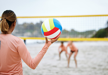 Image showing Beach volleyball, ready or hand of sports woman playing a game in training or workout in summer together. Girls team, fitness start or friends on sand ready to start a fun competitive match in Brazil