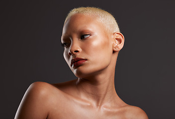 Image showing Beauty, makeup and skincare, face of black woman in dark studio with platinum hair isolated on grey background. Art aesthetic, cosmetics and beautiful African model in skin glow and luxury spa facial