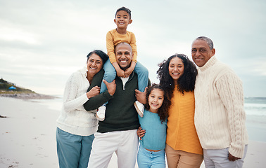 Image showing Portrait, love and family on beach, vacation and break for wellness, happiness and confidence. Face, grandparents and mother with father, children and cheerful on seaside holiday, happy and relax