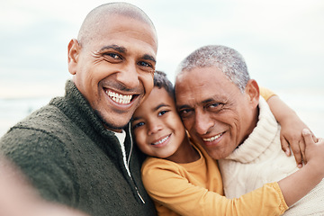 Image showing Selfie, beach or black family with a father, son and grandfather posing outdoor in nature for a picture together. Portrait, love or kids with a senior man, child and grandson taking a photograph