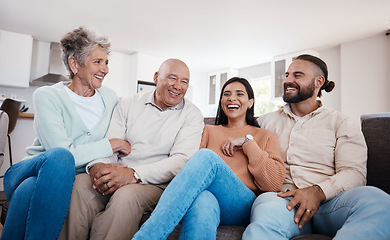 Image showing Portrait, happy family and relax on a sofa, laughing and bonding in a living room together. Seniors, retirement and weekend visit by man and woman with mature parents, carefree and fun at home
