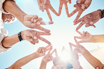 Image showing Closeup, hands and star with mockup, teamwork and partnership for solidarity, sunshine and growth. Zoom, fingers and group with support, fun or circle for collaboration, community or hand sign shape