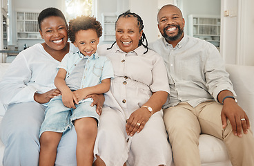 Image showing Happy, smile and portrait of a black family on a sofa relaxing, resting or bonding together. Happiness, love and African boy child sitting with his mother and grandparents on a couch in living room.