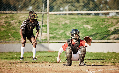 Image showing Baseball, game and players with fitness, exercise and workout for wellness, healthy lifestyle and training. Softball, male athletes and competition on grass field, sports and practice for match