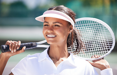 Image showing Sports, tennis and black woman outdoor, happiness and success with training, workout and wellness. Female player, lady and athlete on court, racket and practice for match, competition and healthy