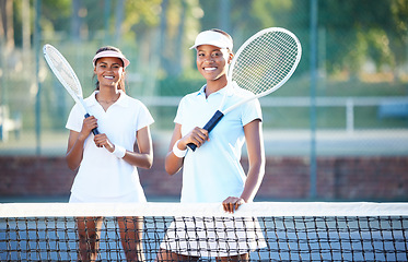 Image showing Tennis, team and portrait with women on outdoor court, sports and fitness with collaboration and ready for game. Exercise, workout and female smile, athlete and workout with partnership and racket