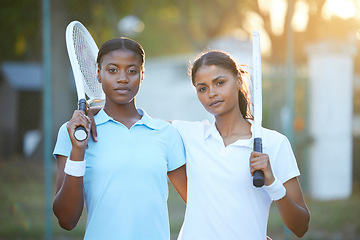 Image showing Portrait, tennis and teamwork with sports women standing on a court outdoor together ready for a game. Fitness, collaboration or doubles partner with a serious female athlete and friend outside