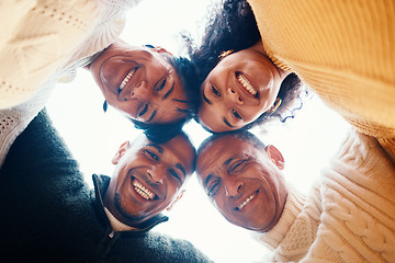 Image showing Smile, huddle and portrait of a family with support, motivation and together in nature. Happy, love and group of parents with man and woman for love, solidarity and trust in a connection with embrace