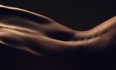 Image showing Naked back skin, silhouette and dark aesthetic with health, shadow and creative erotic by black background. Nude skincare, cosmetics and anatomy with wellness, glow and art deco with sexy creativity