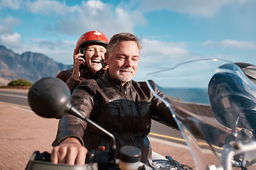 Image showing Travel, love and senior couple with motorbike, retirement and happiness for vacation, excited and cheerful. Freedom, old man and happy mature woman with motorcycle, transportation and quality time