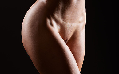 Image showing Nude woman, body art closeup and dark studio with creative, provocative and erotic feminine beauty. Sexual expression, freedom and sexy zoom on female nudity, naked model isolated on black background