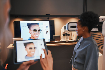 Image showing Optometry, frames and black woman trying glasses for eye care, vision and choice of sunglasses. Happy, testing and African customer looking at her face with different eyeglasses for the best fit