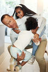 Image showing Black family, father and children with piggyback in home with hug, care and love for bonding game together. Man, girl kids and playful with funny, comic and happy game with welcome in house together