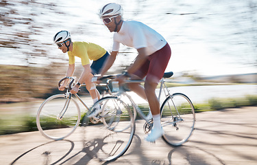 Image showing Cycling, speed and men on bicycle with motion blur for adrenaline, extreme sports and action on road. Fitness, mountain biking and friends on bikes for exercise, workout and training for competition