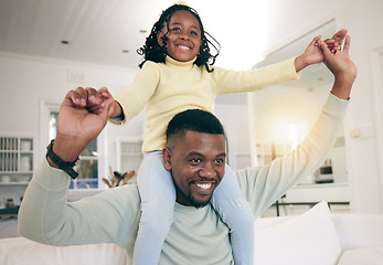 Image showing Black family, home and dad having fun with a child on a living room sofa with happiness. Father bonding, parent love and support of a kid with a smile and father in a house with lens flare in lounge