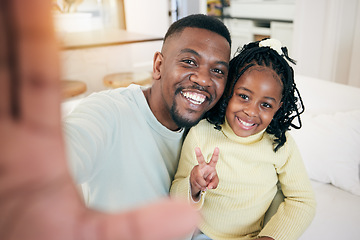 Image showing Happy, selfie and portrait of a father with his child relaxing, resting and bonding on the sofa together. Happiness, smile and African dad taking a picture with girl kid while sitting in living room.