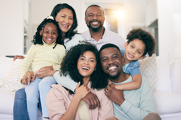 Image showing Black family, smile and portrait on sofa with kids, parents and grandparents with happiness, love and care. Senior man, women and children with generations, hug and bonding in living room on holiday