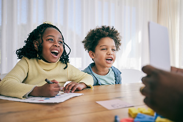 Image showing Parents help children with homework, school activity and learning at desk with paper, drawing and lesson cards. Black family, education and happy boy and girl smile for creative teaching at home