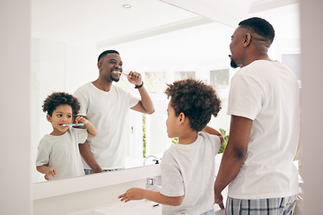 Image showing Brushing teeth, black family and cleaning morning routine in a bathroom with a dad and child. Hygiene learning, kid and father together in a house with toothbrush and youth doing self care for dental