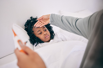 Image showing Sick, temperature and mother with child in bedroom for illness, care and thermometer. Disease, fever and flu with woman feeling girl forehead in bed of family home for worry, checking and concern