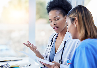 Image showing Collaboration, doctor and nurse in discussion of paperwork or prescription in a hospital or clinic feeling planning. Partnership, medical and healthcare professional workers or colleagues working