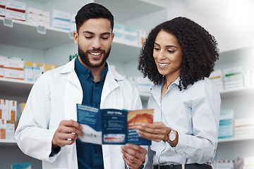 Image showing Pharmacy, medicine and brochure with people in store for medical, information and shopping. Healthcare, wellness and expert with man and woman reading in dispensary for medical, product and seller