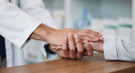 Image showing Empathy, support and pharmacy with hand holding with people for consulting, rehabilitation and results. Kindness, medical and healthcare with expert and patient for healing, help and sympathy