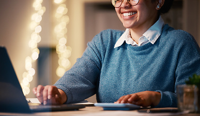 Image showing Laptop, smile and business woman with calculator in office at night while working on project deadline. Bokeh, accounting and happy female professional accountant calculating finance with computer.