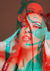 Image showing Portrait, overlay and woman with creativity, aesthetic and double exposure on brown studio background. Face, female punk and lady with neon lights, special effects and artistic style with confidence