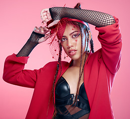 Image showing Woman, studio portrait and leather fashion with punk, rock or heavy metal aesthetic by pink background. Gen z girl, fantasy and net clothes with beauty, makeup and cosmetics with trippy creativity