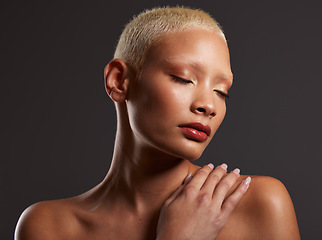 Image showing Woman, beauty and skincare makeup for cosmetic treatment against a gray studio background. Beautiful female model touching skin in cosmetics for self love or body care wellness in satisfaction