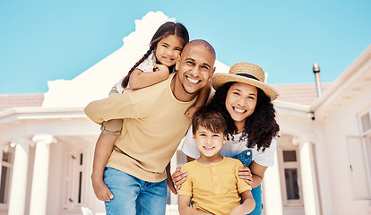 Image showing Happy, smile and portrait of family and piggyback for bonding, affectionate and playful at new house. Happiness, security and investment with parents and children moving at home for care and support