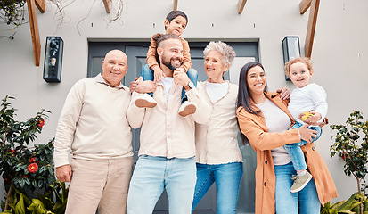 Image showing Portrait, happy family and people outside a home or house smile, excited and joyful in happiness for vacation or holiday. Grandparents, mother and father with children ir kids bonding with love