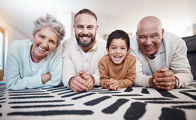 Image showing Happy family, portrait and living room floor in a home with a smile from bonding together. Happiness, bonding and love of senior people, father and child on a house carpet with grandma and kid