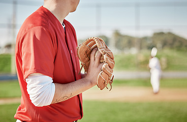 Image showing Baseball, glove and pitch with a sports man on a field during a competitive game outdoor during the day. Fitness, event and pitching with a male athlete playing a match in sportswear outside