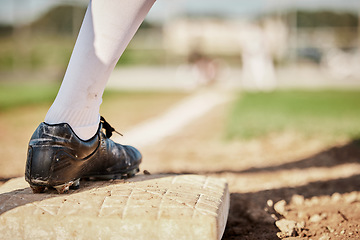 Image showing Sports, baseball and plate with shoe of man on field for training, fitness or home run practice. Workout, games and pitching with athlete playing at park stadium event for tournament, match or action